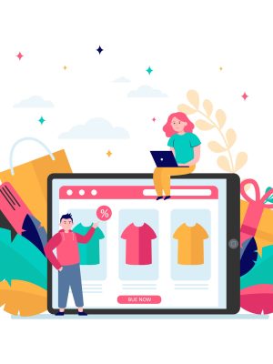 Happy people buying clothes online Happy people buying clothes online. T-shirt, percent, customer flat vector illustration. E-commerce and digital technology concept for banner, website design or landing web page