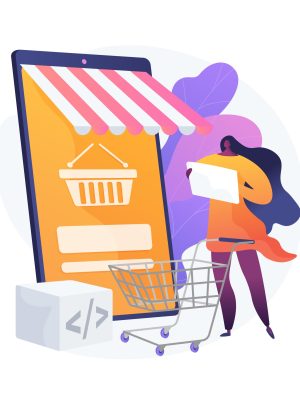 Product selection vector concept metaphor. Product selection, choosing goods, put things to basket. Online supermarket, internet mall, merchandise catalog. Female purchaser cartoon character. Vector isolated concept metaphor illustration.